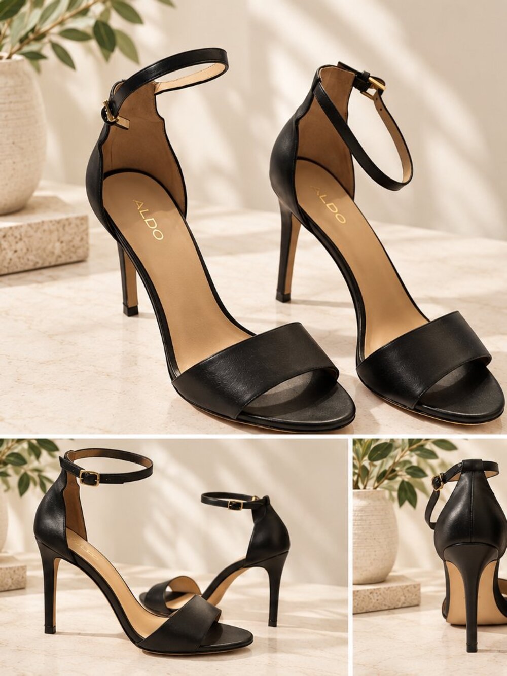 ALDO Black Leather Ankle Strap Stiletto Sandals Heels - Size 9.5
